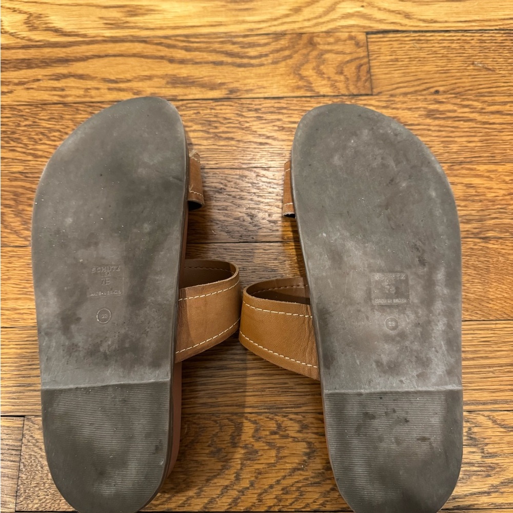 Schutz Enola sporty leather sandal- Brown Slide Sandals with Gold Buckles - Picture 3 of 7